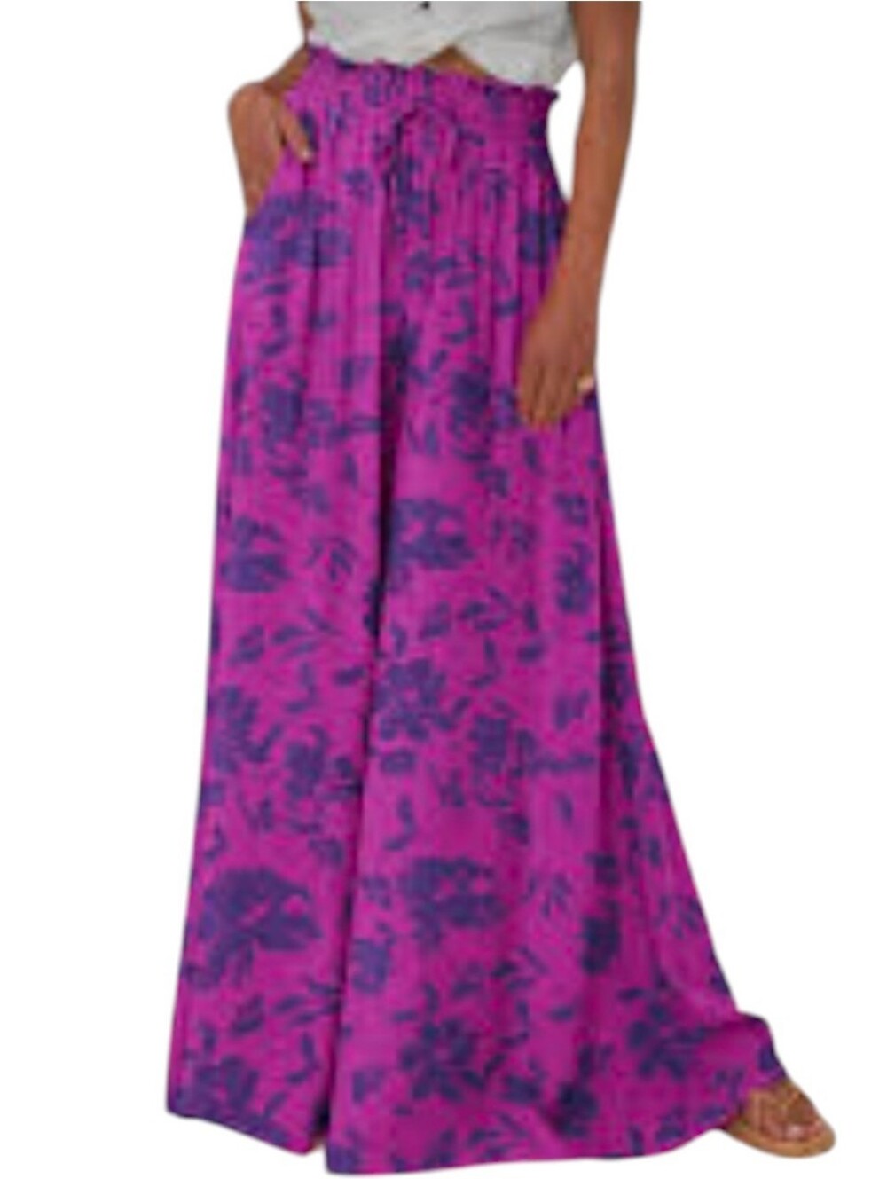 Women Casual High Waist Wide Leg Pants Summer Floral Long Palazzo Trousers M